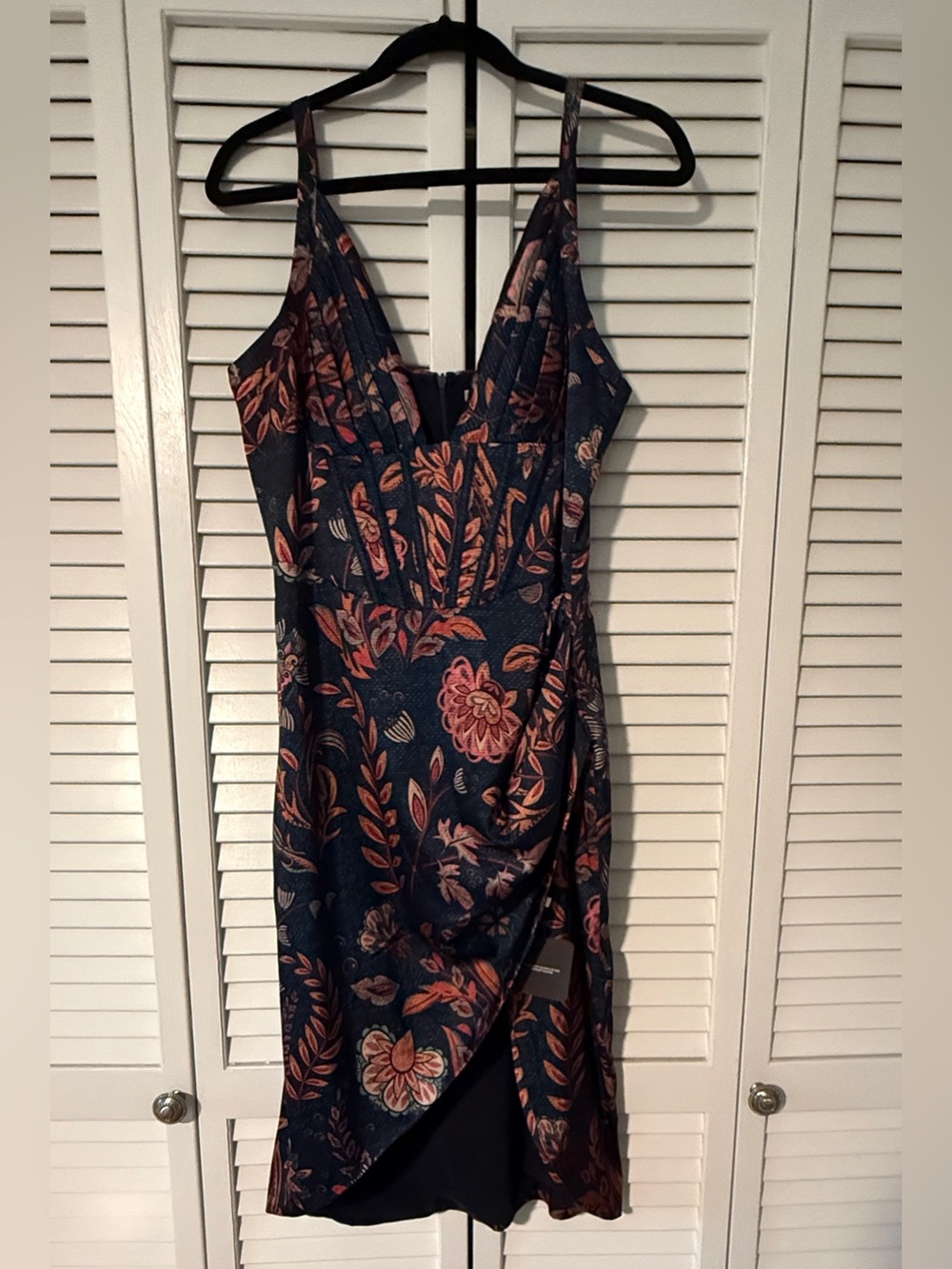 NWT Averie HALLEY Draped Midi Dress Flowery Print on Cobalt Blue size L